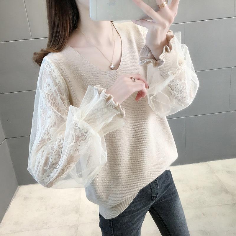 Women's Knitted Shirt Thin Lace Sleeves Low Collar Top Loose Outer Wear Bottom Inner Sweater