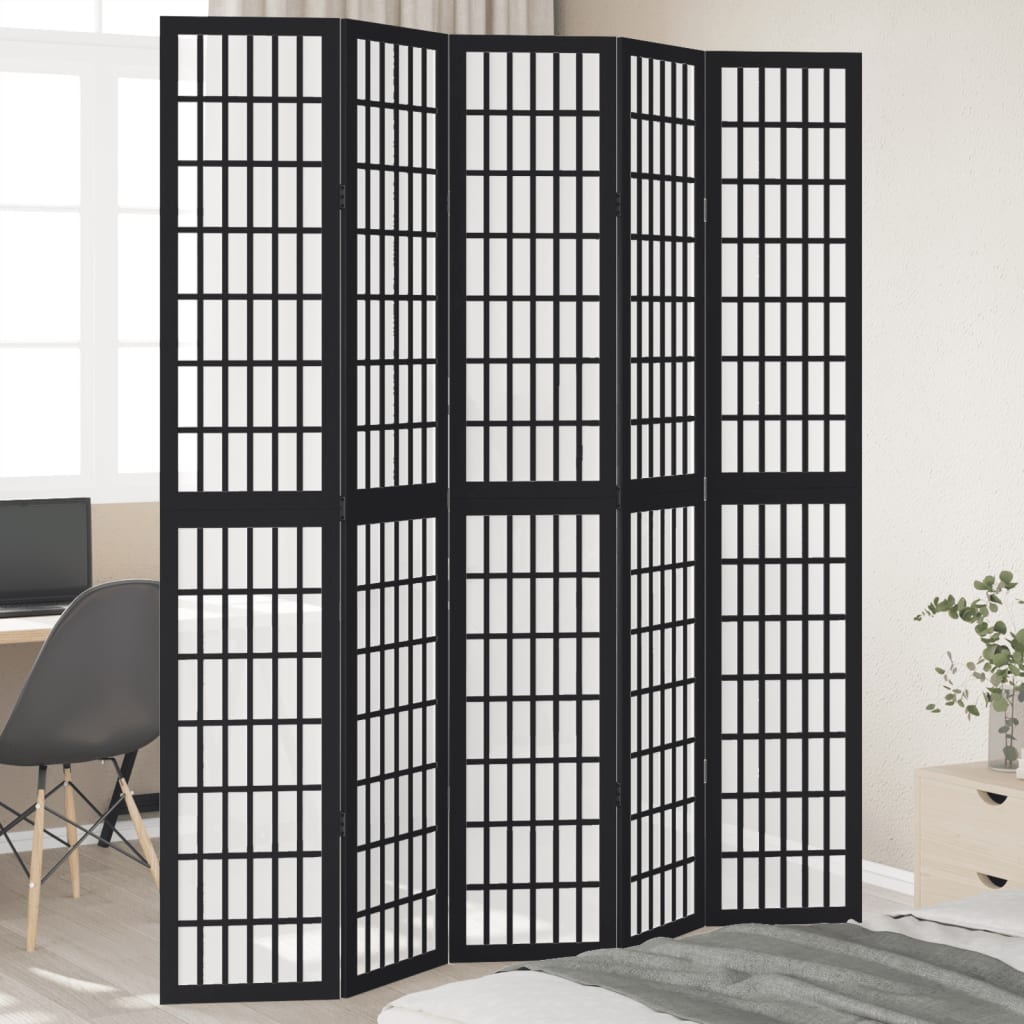 5 Piece Black Solid Wood Folding Screen Paulownia