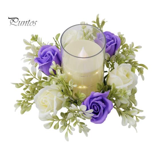 Delicate Candle Topper Artificial Rose Ring Pillar Candles Greenery Flower Wreath Plastic Garland Seasonal for Wedding Centerpiece Holiday Decor