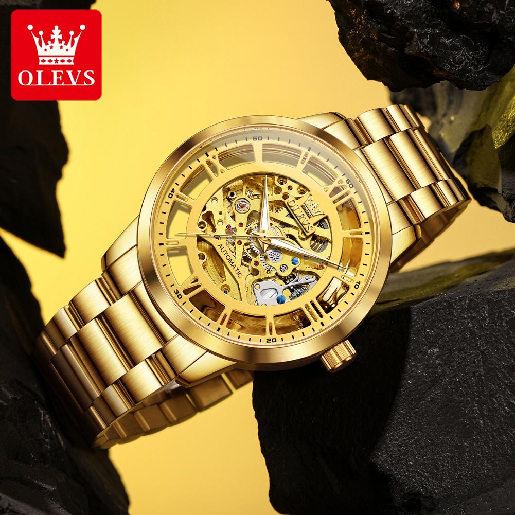 OLEVS Mens Watch Skeleton Automatic Mechanical Watch Stainless Steel Luminous Watches For Man Original Luxury Business Gifts