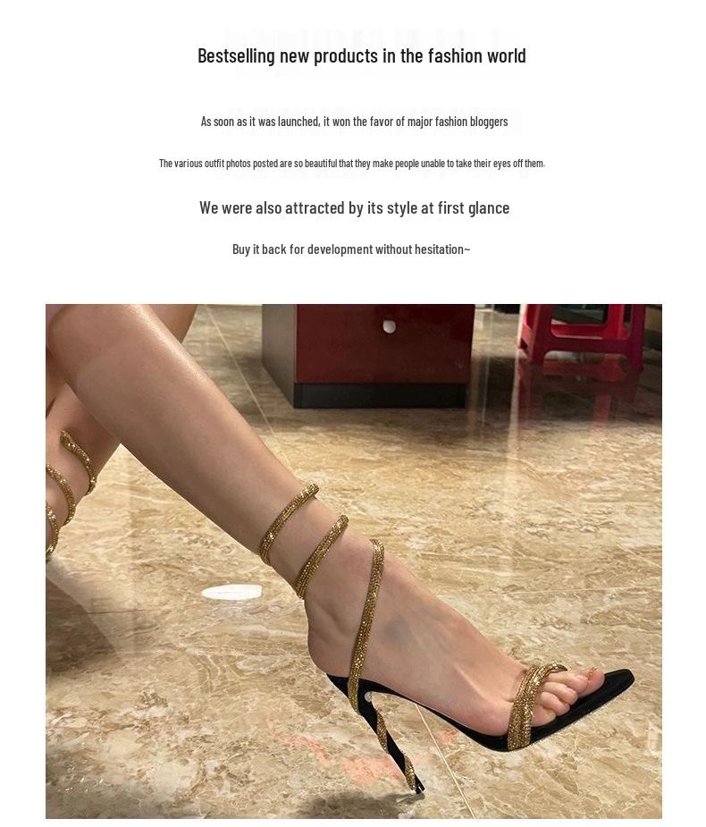 RC Rhinestone Snake Wrap Around Stiletto Heels - Sexy Open Toe Ankle Strap Sandals for Women in European & American Style