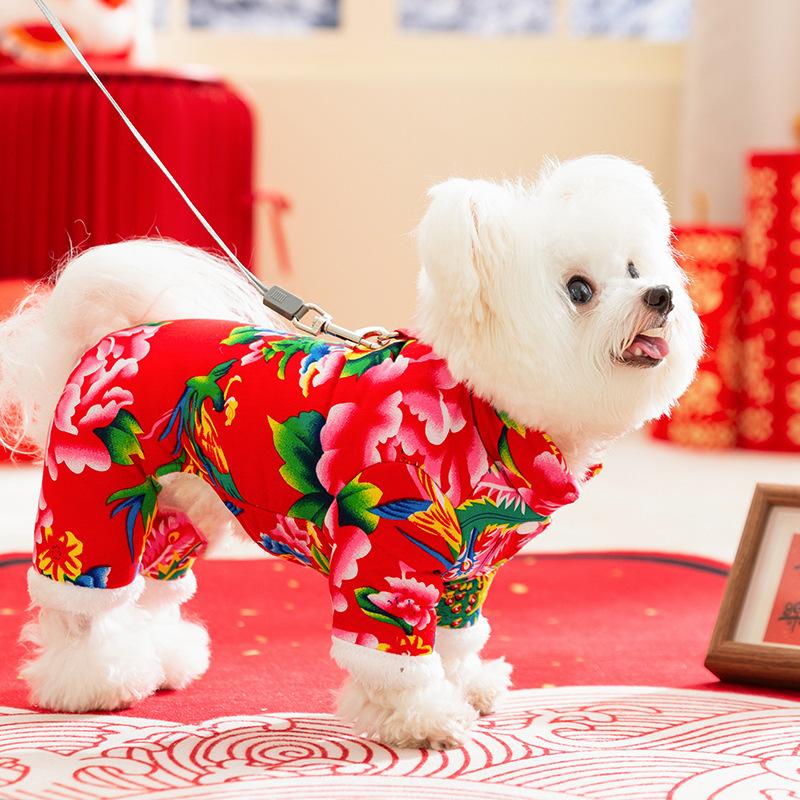 Festive Dog Clothes Big Flower Thickened Warm Small Dog Teddy Bear Can Pull Four-legged Pet Cotton Coat