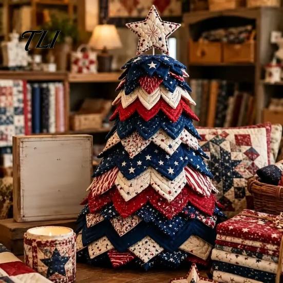 Seasonal Home Decor Projects DIY Quilted Fabric Christmas Tree Craft Kit, Vintage Patchwork Handmade Ornament Set Xmas Sewing Set, Tabletop