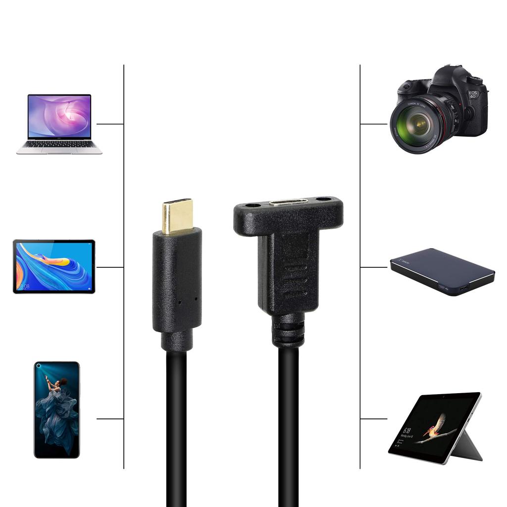 SinLoon USB Male To Female Extension Data Cable with Panel Mount Screw 30cm 3.1 Type-C Holes,