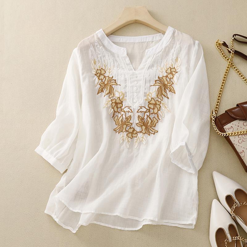 

Cotton Linen Top for Women Cotton Silk Mid-sleeved Three-quarter Sleeve Middle-aged Mother Stylishable Summer Short-sleeved T-shirt 2XL білий
