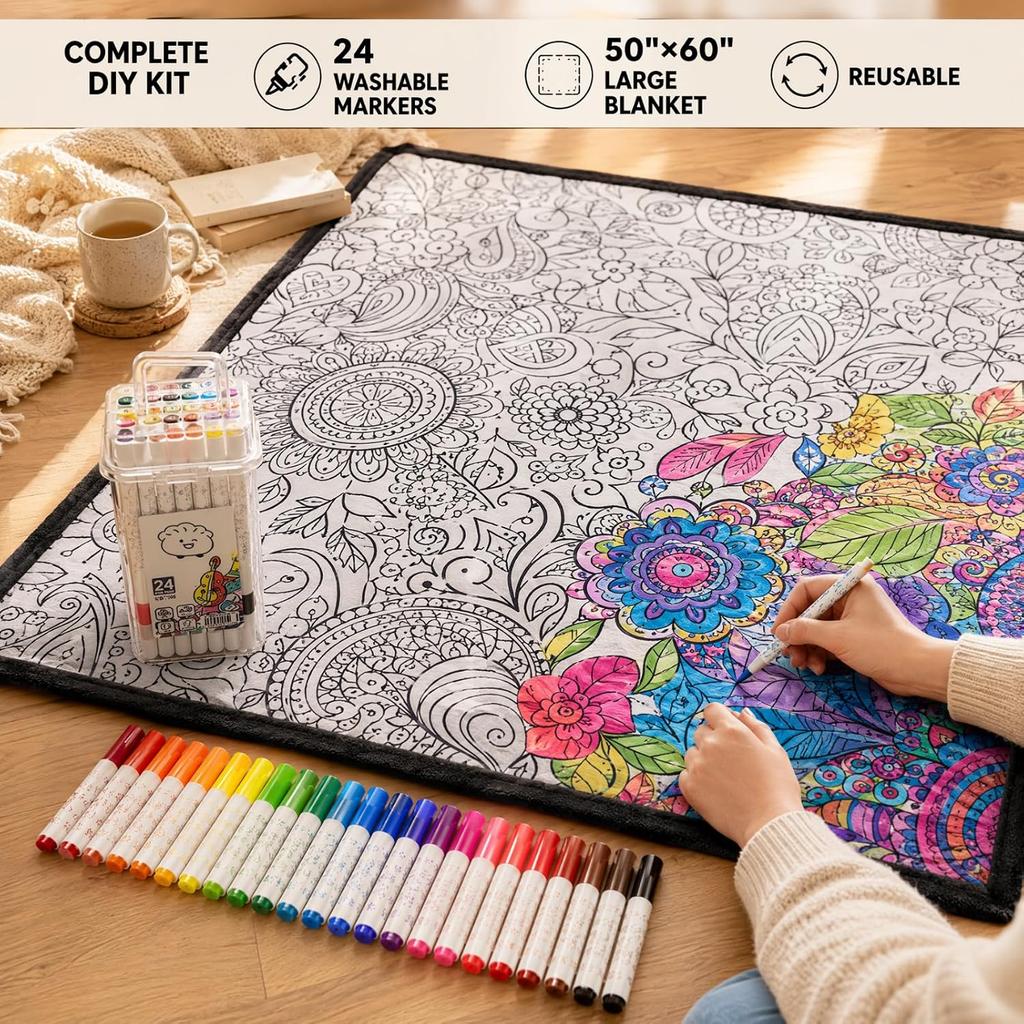 DIY Coloring Blanket 50 x 60 Inch with 24 Washable Markers Soft Cotton Blend Reusable Fabric Throw for Adults Creative Stress Relief Gift