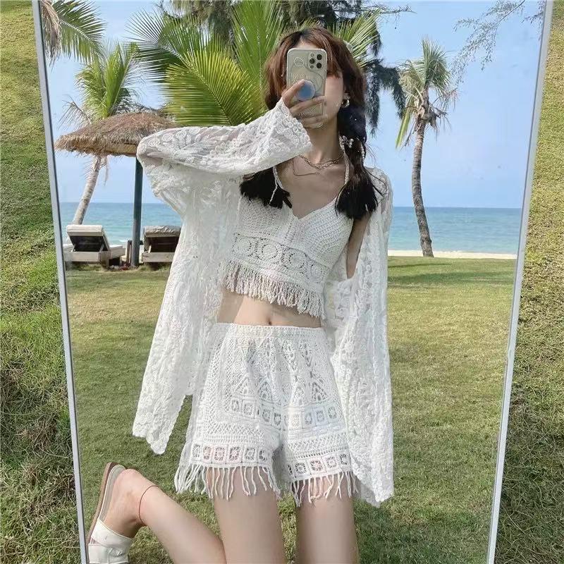 Women's Lace Hollow-Out A-Line High Waist Wide-Leg Three-Quarter Sports Shorts - Summer Anti-Exposure Style