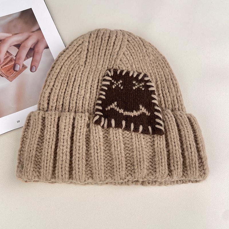 Expression Pattern Embroidery Knit Hat Women Autumn Winter Warm Thick Earmuff For Casual Outdoor Use