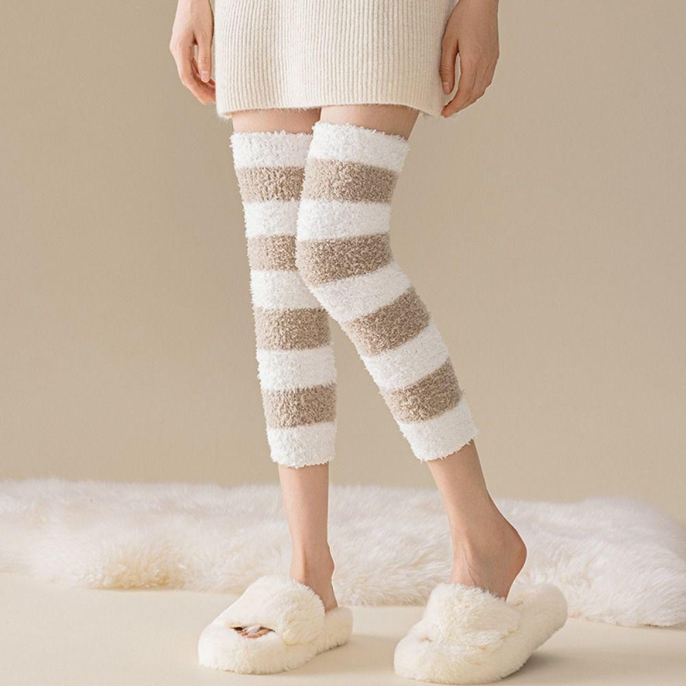 Thicken Warm Coral Fleece Stockings Stripe Floor Plush Stockings Cute Foot Warmer Winter