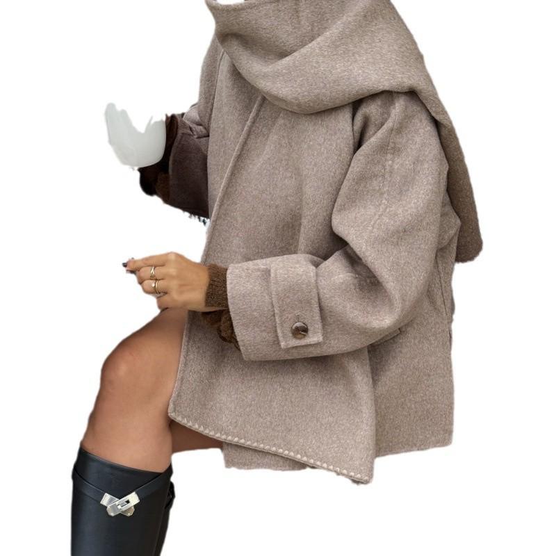 Solid Color Wool Scarf-Style Short Overcoat - European & American Warm Jacket