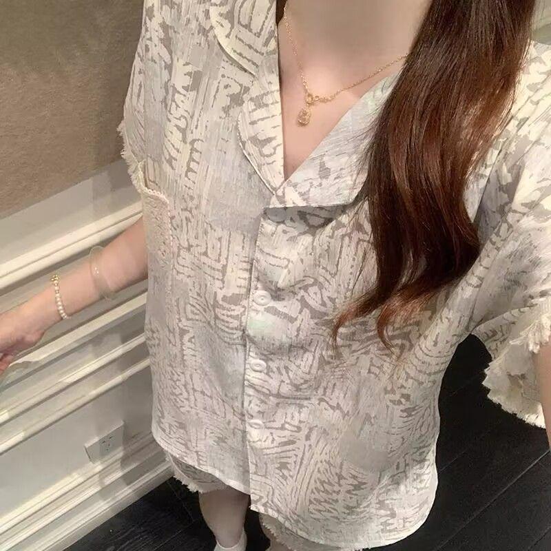 Cloud Cotton Lace Tassel Women's Summer Pajama Set - Short-Sleeved Cardigan & Shorts with Chest Pads