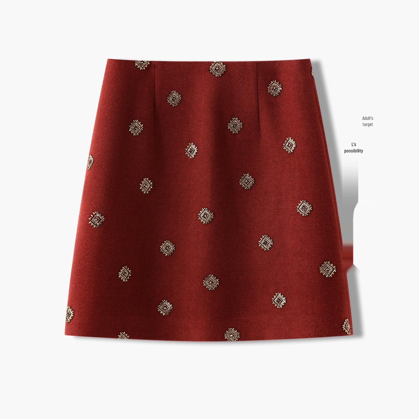 Women s Retro High-Waist Embroidered Wool A-Line Skirt - Spring 2026 Fashion 2XL (125-135 catty) красный