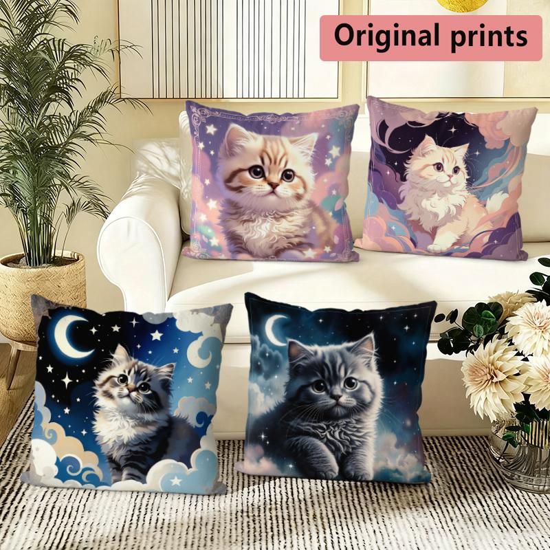 Cute Starry Night Kitten Throw Pillow Covers Pattern Cushion Cover Suitable For Sofa Bedroom Car Pillow Cover
