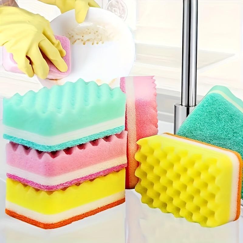 Wood Pulp Cotton Wavy Cleaning Sponges, High Density 3 Layer Kitchen Dishwashing Scouring Pads, Random Colors, 5 Pcs 6 Pcs 12 Pcs