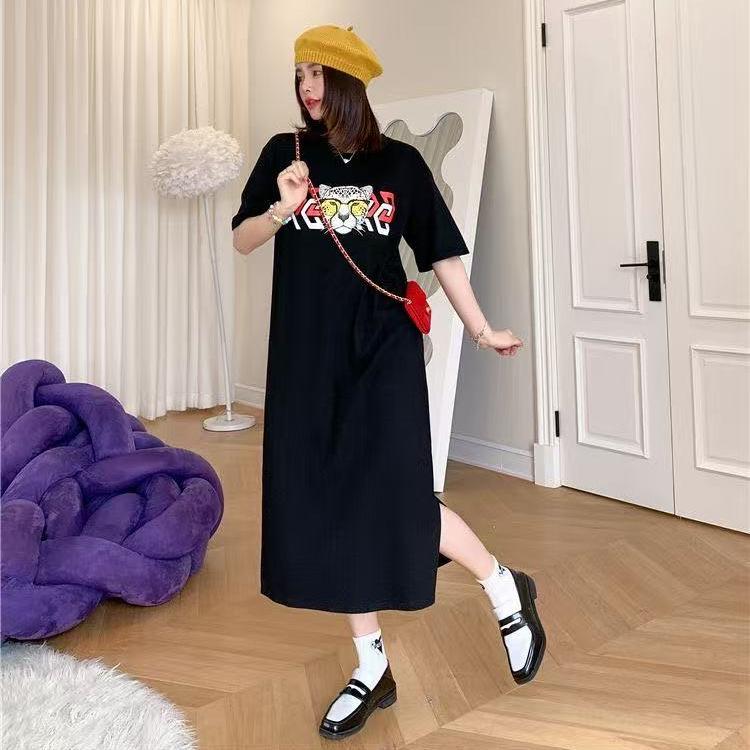 Loose and Casual Plus-size Mid-length Knee-length Long Dress, New Short-sleeved T-shirt Dress, Korean-style Printed Dress for Women