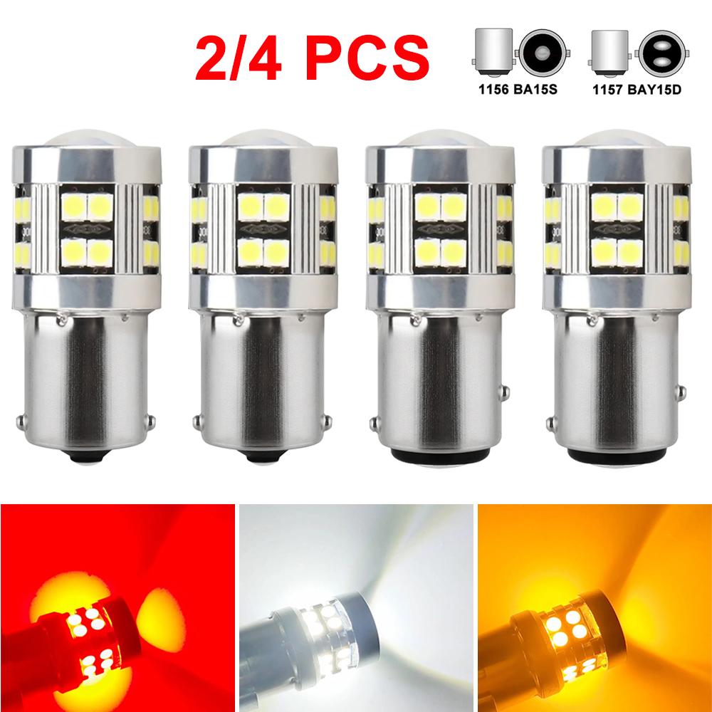 2/4 PCS P21W 1156 BA15S 1157 BAY15D LED Bulbs For Car Trun Signal Parking Brake Lights 12V 24V 3030-24SMD 6500K White Red Amber