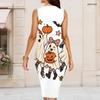 Women Plus Size Round Neck Sleeveless Halloween Ghost Print White Bodycon Midi Dress