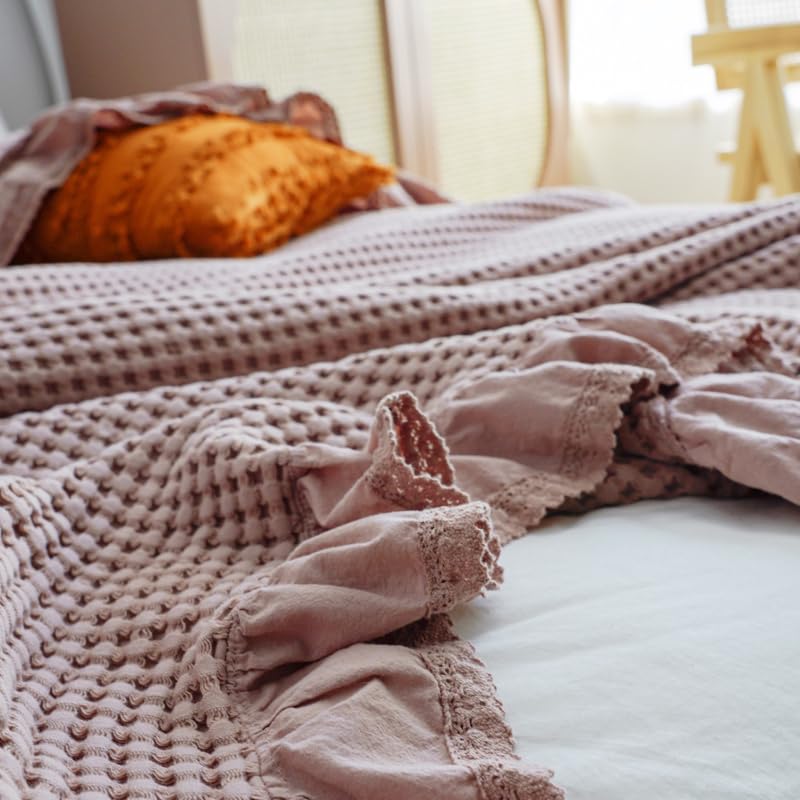 songlibin Waffle Blanket, Semi-Double, Ruffled Cotton Blanket, Air Conditioning Protection, Bedding, Waffle Weave Cover, Quilted Blanket, Azuki Brown,