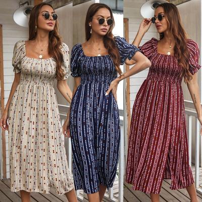 Mode Sommer Gedruckt Puff Sleeve Kleid Party Casual Hohe Schlitz Langes Kleid Taille Sonnenkleid