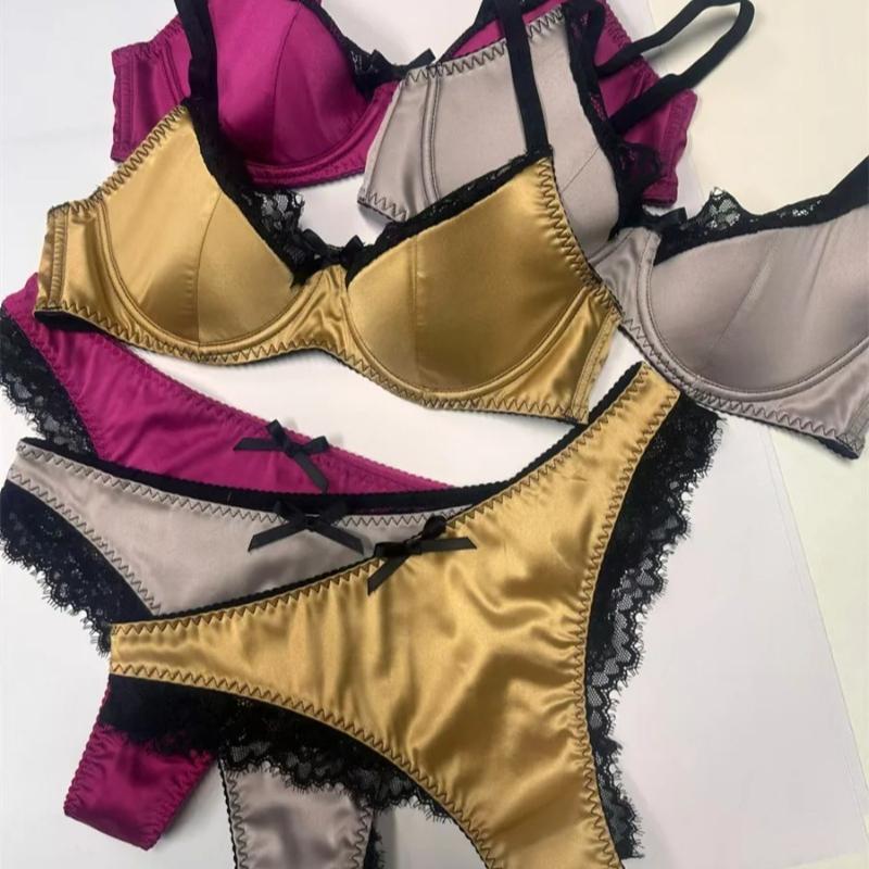 Set de lenjerie de corp pentru femeie, din țesătură de mătase franceză, braletă sexy din dantelă, cupă subțire, set de sutien push up, lenjerie romantică trandafir, pentru femei intime