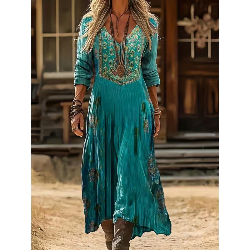 Creative Tie-dye Printing Women's New V-neck Long-sleeved Dress Medium and Long Dress