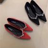 2025 spring French pointed rhinestone single shoes women's velvet shallow mouth soft sole commuter wedding shoes flat bottom niche design sense