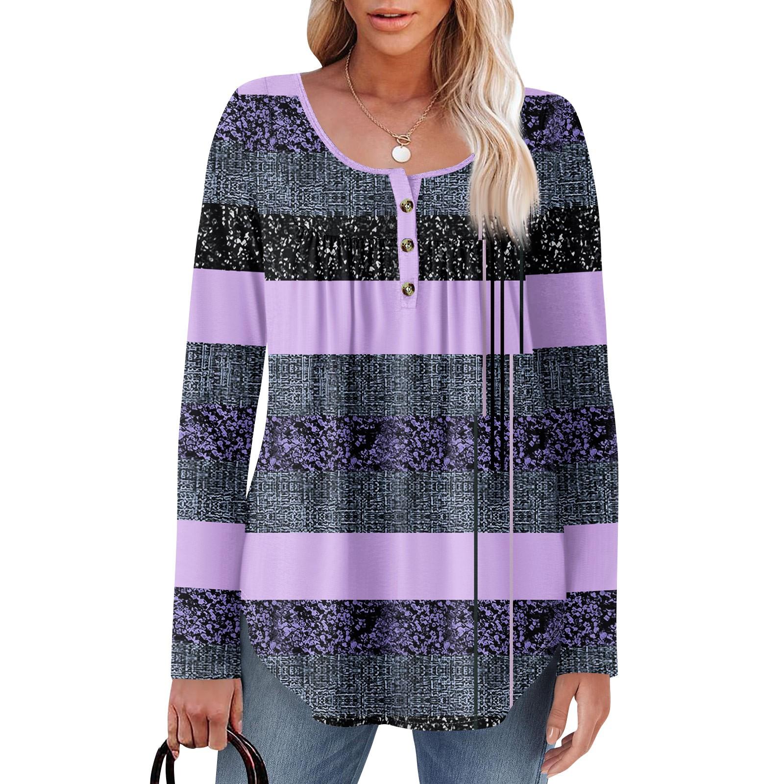 

Женская туника с длинным рукавом, свободные топы, повседневные топы оверсайз, плиссированная туника, застегивающаяся на пуговицы, повседневные женские топы с принтом XL фиолетовый