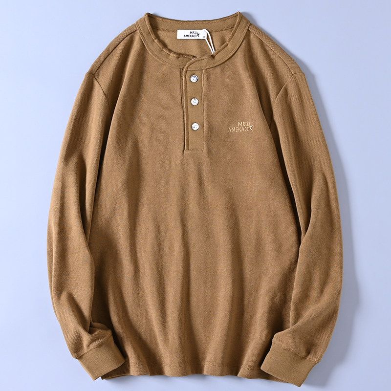 HK Company Tail Single Washed Minimalist Easiest for Match Men Waffle Small Embroider Henry Collar Long Sleeves T-shirt Bottoming Shirt Fashion