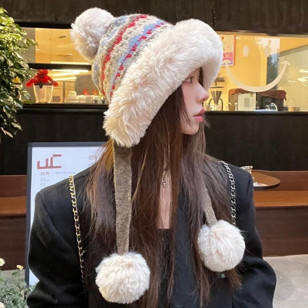 Autumn and Winter Women's Knitted Plush Hat, Thickened Lei Feng Hat, Women's Outdoor Cold Proof Fisherman Hat, Versatile Ear Protection Cover