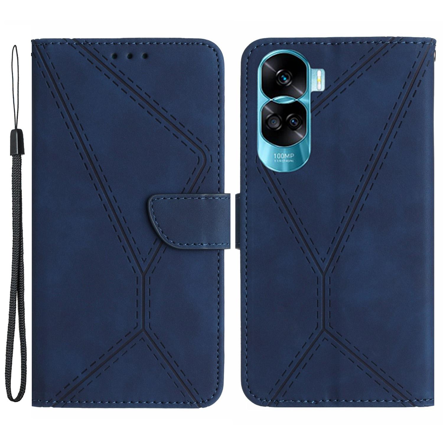 

HT05 Для Honor 90 Lite 5G/X50i 5G Кожаный чехол-кошелек для телефона с тактильно приятной поверхностью и тиснеными линиями, с подставкой Blue