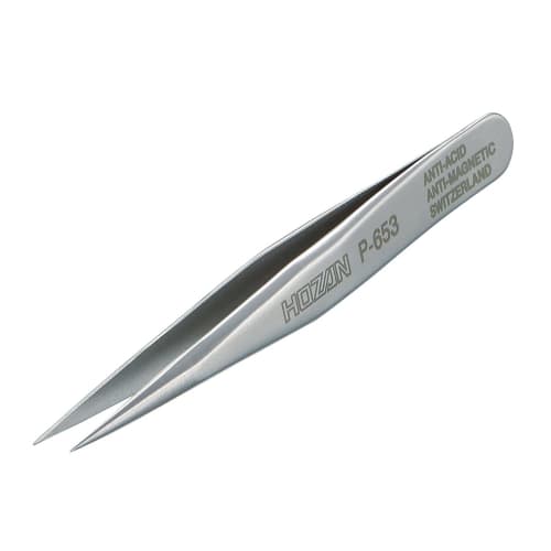 HOZAN Precision Tweezers, Fully Non-Magnetic, 70mm Long, 6mm Opening, 0.2mm Tip Width, Short Type, P-653