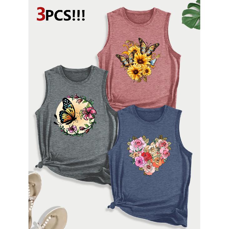 Sunflower and Butterfly Combination Gift Print Pattern Round Neck3Pack of Sleeveless Vests for Women In Spring, Summer, and Autumn