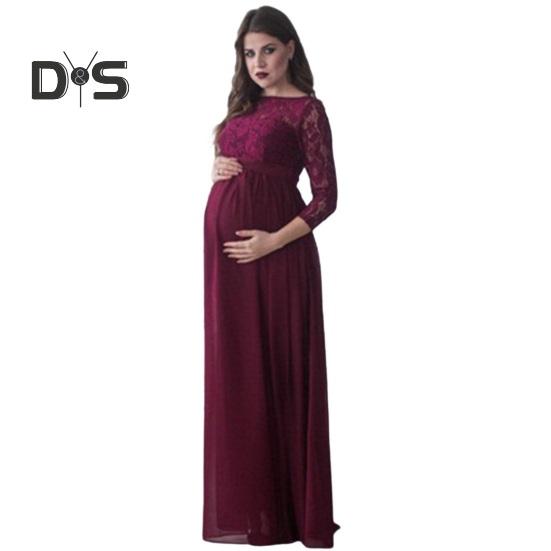 Těhotné ženy šaty s krajkou vyhloubená květinová výšivka s kulatým výstřihem, dlouhým rukávem, plisované maxi šaty na svatební párty rekvizita na focení