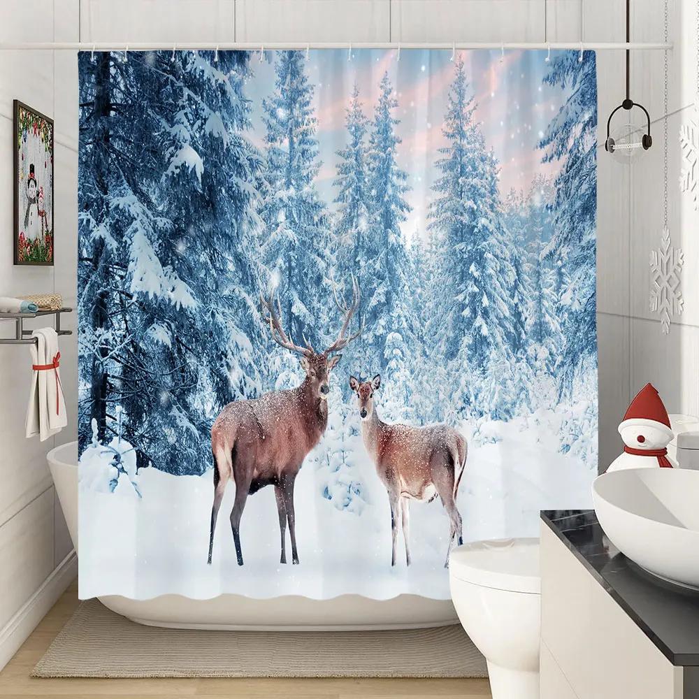 Winter Christmas Shower Curtain Xmas Reindeer Nature Forest Snowy Scenery Farmhouse Bath Curtain Polyester Fabric Bathroom Decor