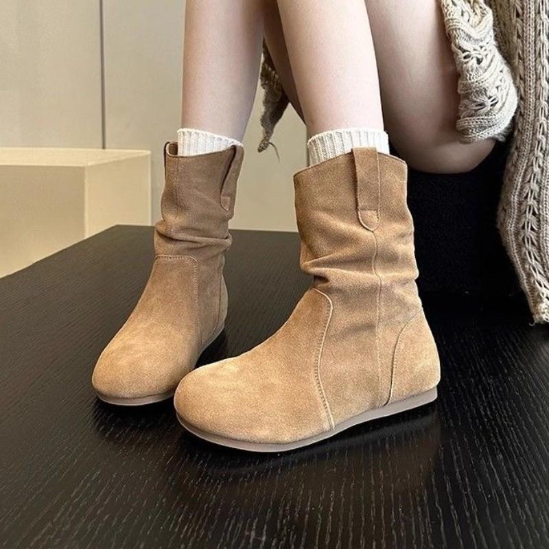 Fashion Women's Fashion Suede Ankle Boots Outdoor Casual Flat Boots Comfortable Soft Western Cowboy Boots Retro Slip On Lady Shoes