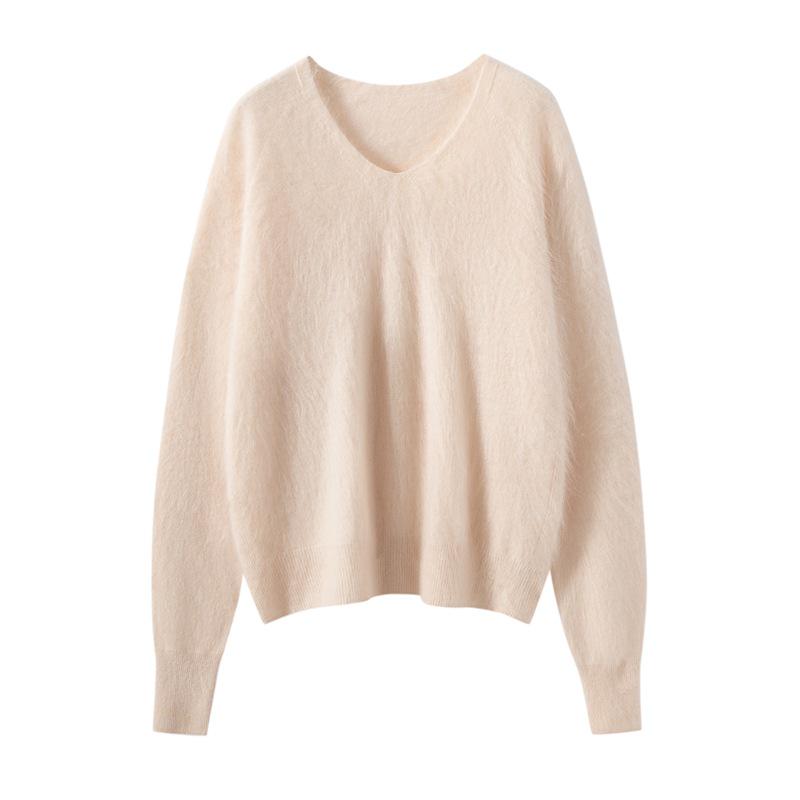 100% Pure Cashmere V-Neck Women's Loose Fit Brushed Knit Sweater - Long Sleeve Autumn/Winter Fashion Jumper