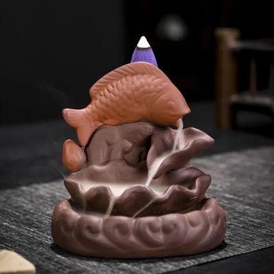Lucky Feng Shui Ornaments Fish Ceramic Censer Lotus Handicrafts Waterfall Backflow Incense Burner Holder Tea Pet Home Decor