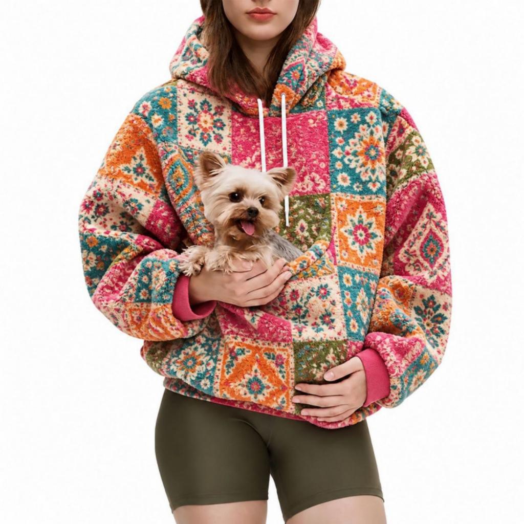 Women's Colorful Print Hoodie with Pet Pouch