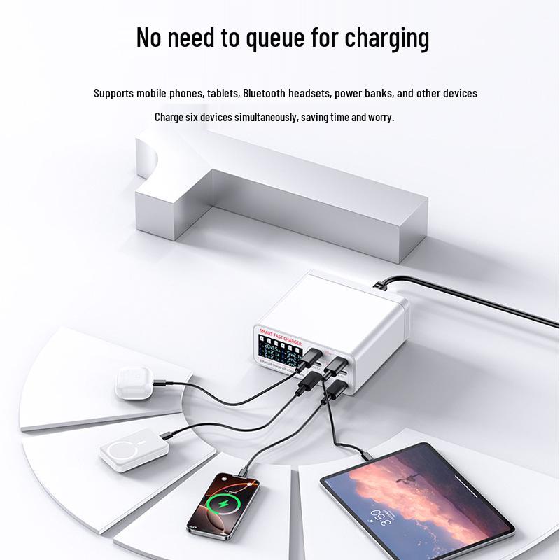 55W USB-C Multi-Port Charger - 6 Ports for Fast Charging Mobile Devices, Tablets, Laptops