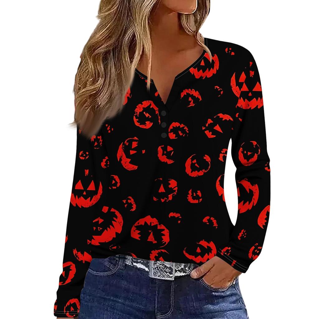 Women's Fashion Casual Halloween Printed V-Neck Button Trim Long Sleeve T-Shirt Top