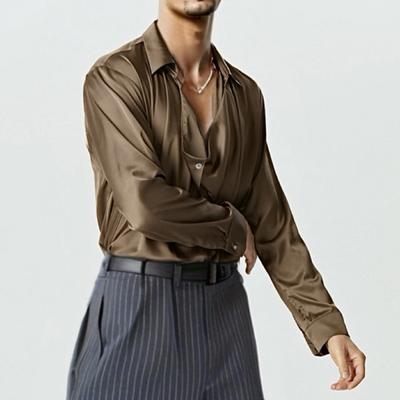 Camicia da Festa da Uomo Design Ampio sul Davanti Raso Sottile Stile Francese Tinta Unita Rever Maniche Lunghe Ampia Camicia da Club Monopetto Top Quotidiano