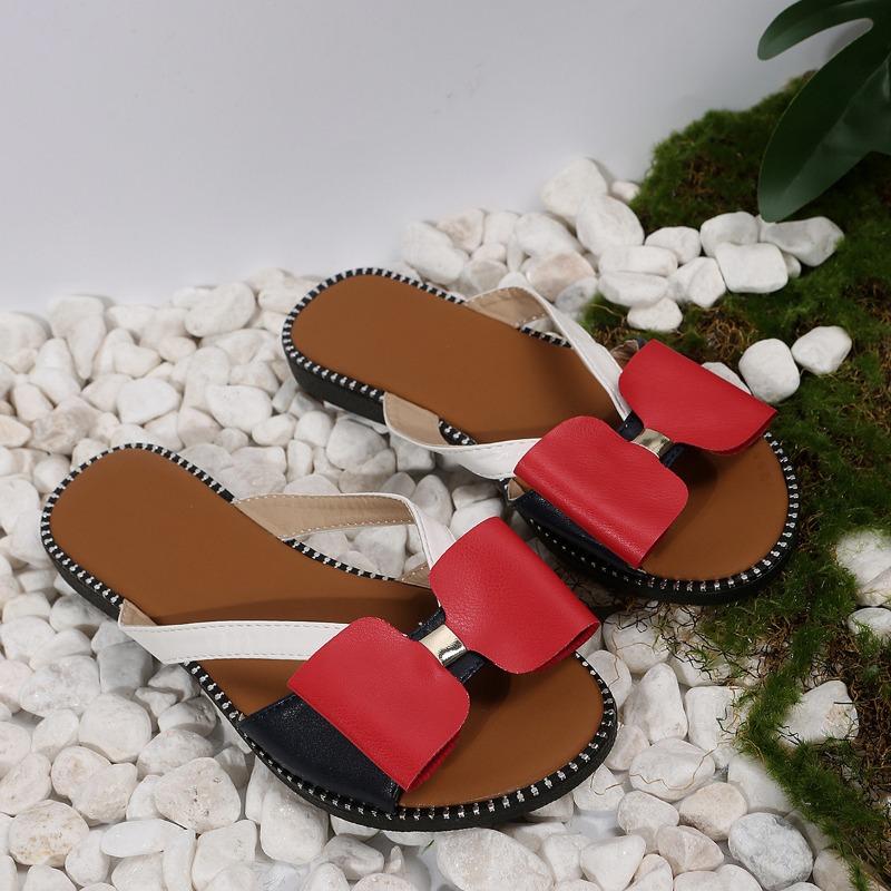 

Color matching bow cool slippers women s summer new large size outer wear women s flat slippers 43 красный