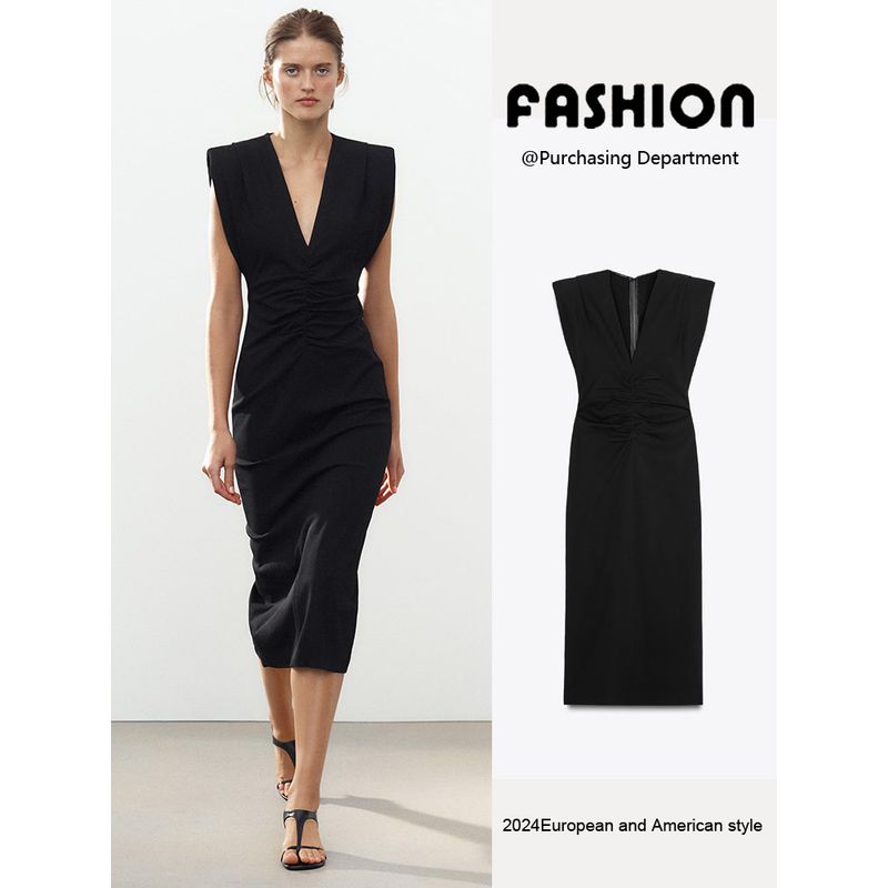 Za2025 Summer New Product Women's Clothes Elegant Closing Belt Padded Shoulder Midi Skirt Dress 2371402 800