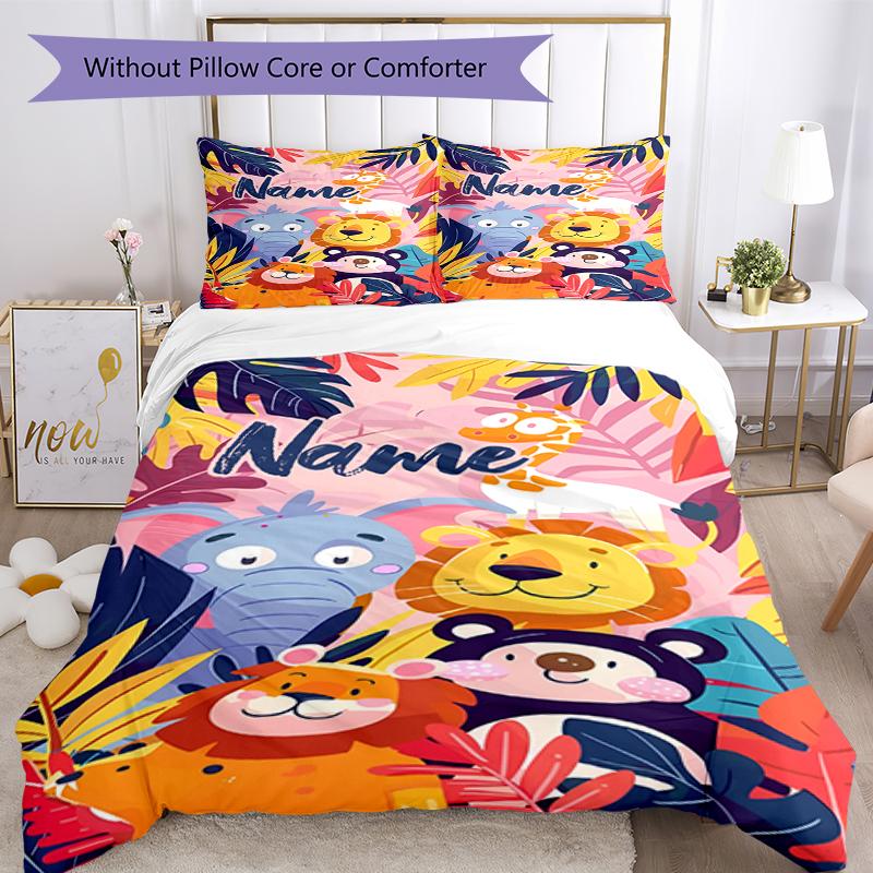 3pcs Custom Name Animals Bedding Set Duvet Cover Closure Includes 1 Duvet Cover & 2 Pillowcases, Soft and Comfortable for All Seasons.