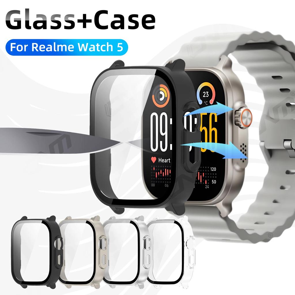 Glas+Hülle für Realme Watch 5 Gehärtetes Glas Kratzfester Displayschutz & Harter PC Schutzstoßstange Abdeckung Zubehör
