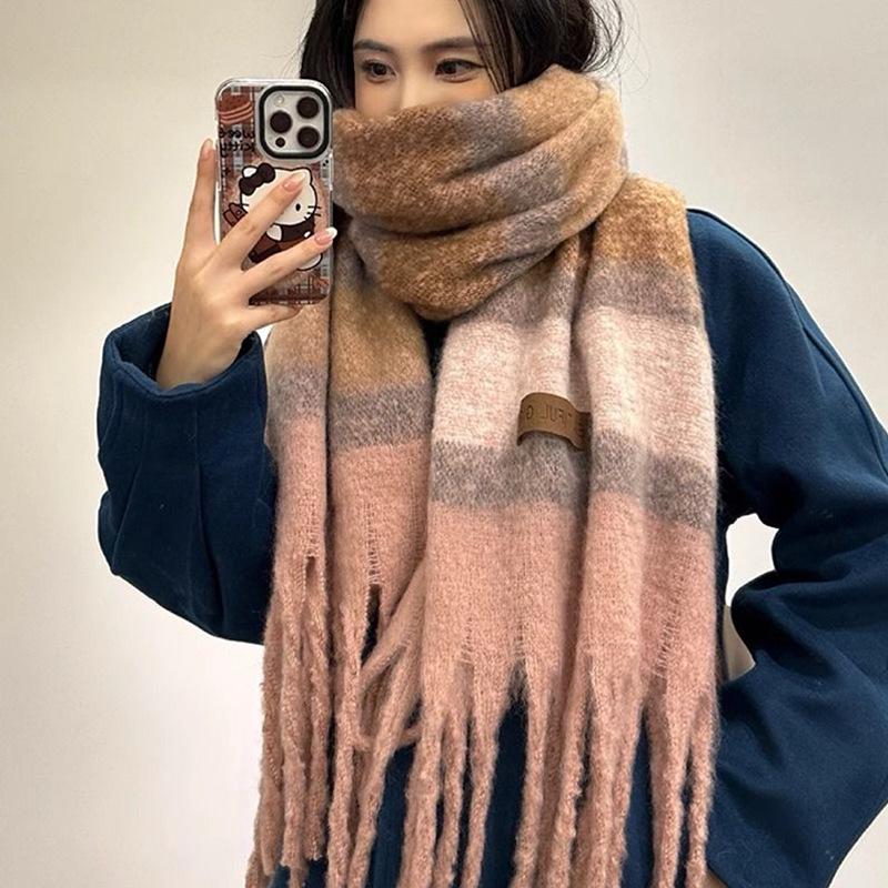 Korean Style Plaid Mohair Scarf - Women's Winter Imitation Cashmere Shawl
