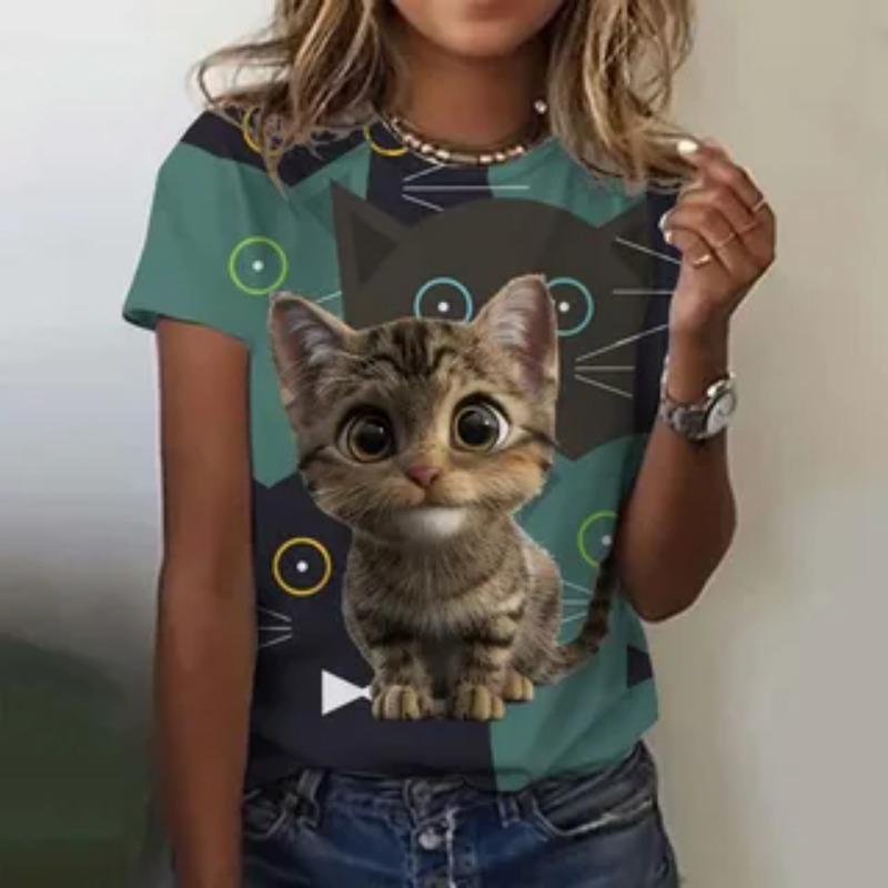 Women's T-shirt Cat Print Summer Round Neck Short Sleeve Fashion Casual Oversized T-Shirts