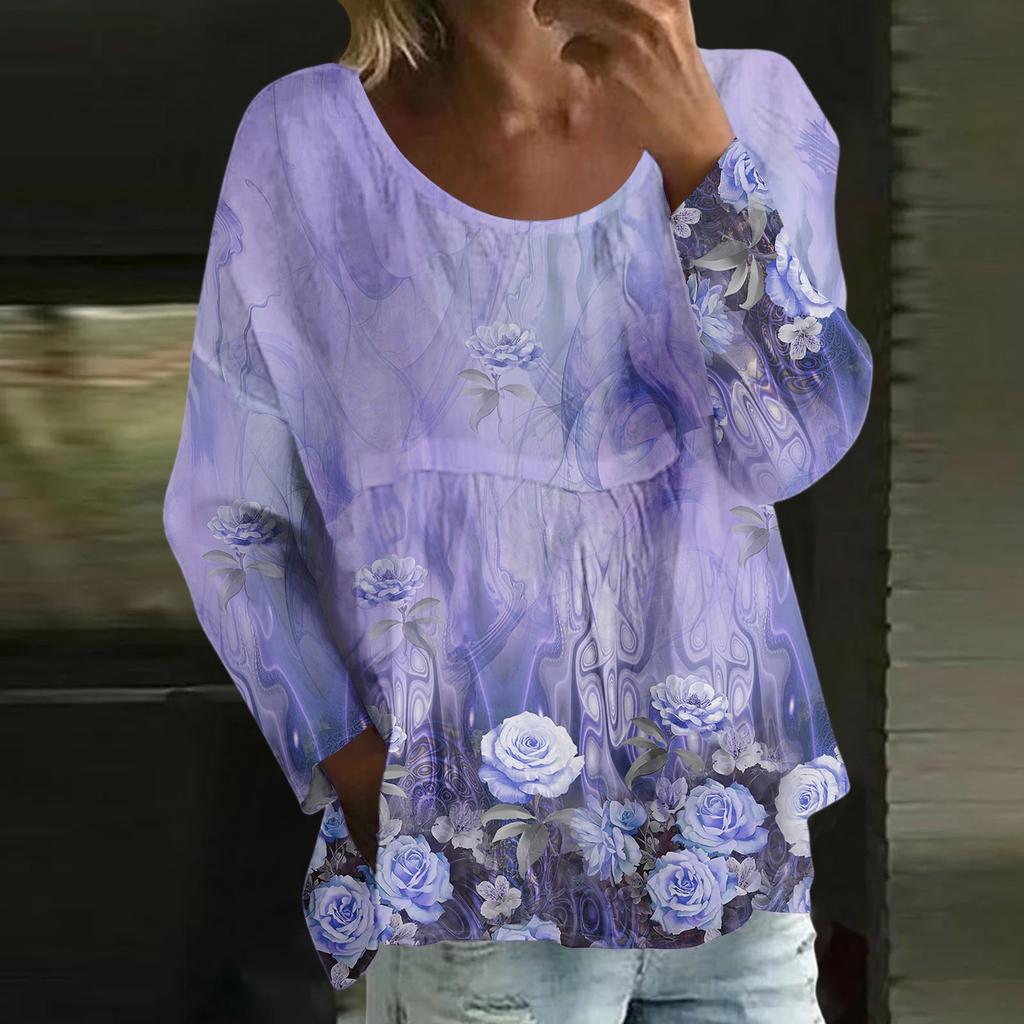 Damen Casual Mode Locker Rundhals Blumenmuster Langarm Oberteil