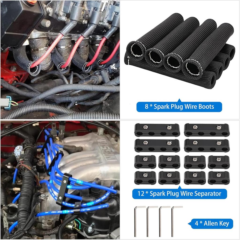 12pc Engine Spark Plug Wire Separator Divider & 8pc Spark Plug Wire Boots Protector Heat Sheild Sleeve 8mm 9mm 10mm Spark Plug Wire Clamp Holder