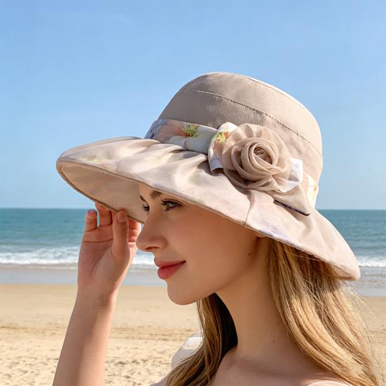 Women Sun Hat Mesh Yarn Wide Brim 3D Flower Decor Bucket Hat Outdoor UV Protection Beach Cycling Basin Hat
